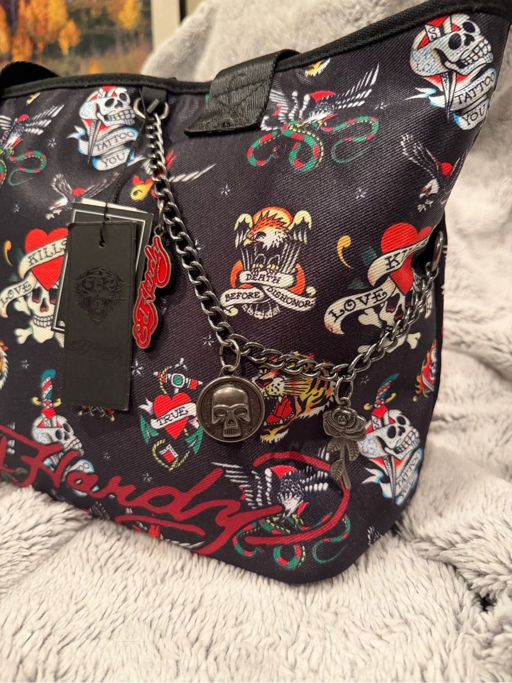 Ed Hardy “Love Kills Slowly” Tattoo Print Tote Bag NWT Black